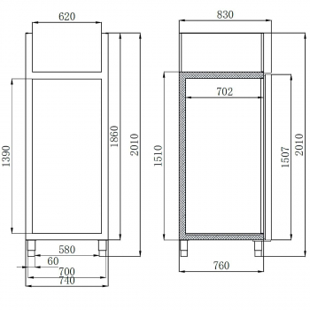 650L-Kühlschrank-Edelstahl, 740 x 830 x 2010 mm, Umluft, -2°C/+8°C