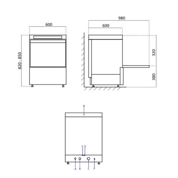 Spülmaschine 230V, 2,8kW, 600x600x820 mm, mit Ablaufpumpe