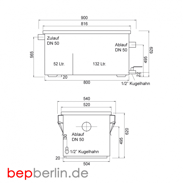 Kompakter Fettabscheider 900 x 540 x 629 mm, 132 Liter